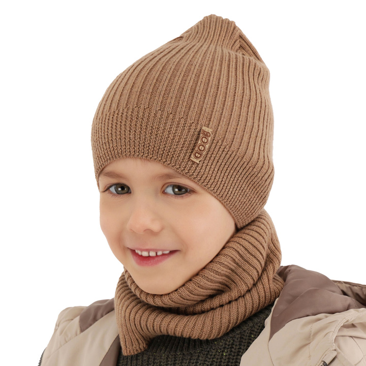 Set primăvară-toamnă pentru băieți: Căciulă și fular circular camel 100% lână merino extra fină Chester