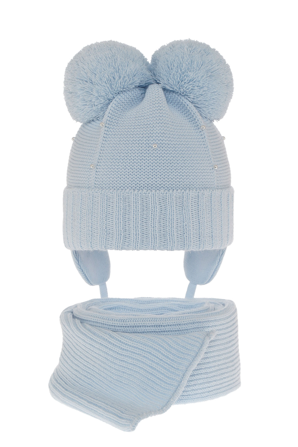 Set de iarnă pentru fete: căciulă și fular bleu cu 2 pompoane Fibien