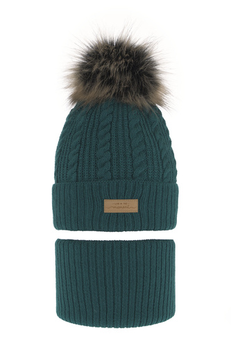 Set de iarnă pentru fete: căciulă și fular circular verde cu pompon Alika