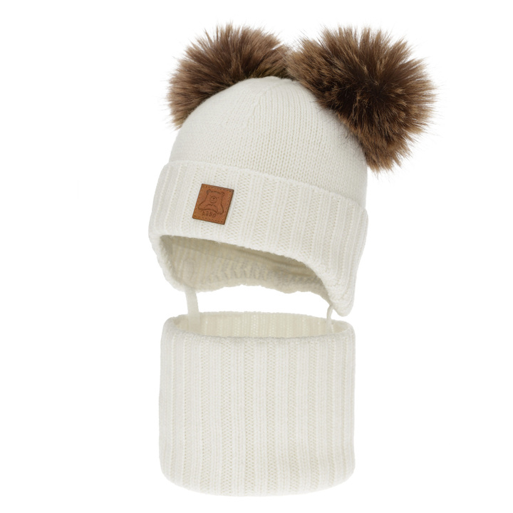 Set căciulă și fular pentru băieți, iarnă, alb, 100% lână merino, căptușit cu fleece de lână, Ronik