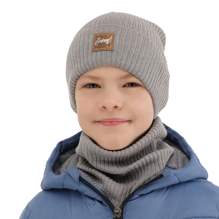 Set primăvară-toamnă pentru băieți: Căciulă și fular circular, cu bumbac, gri Fenix