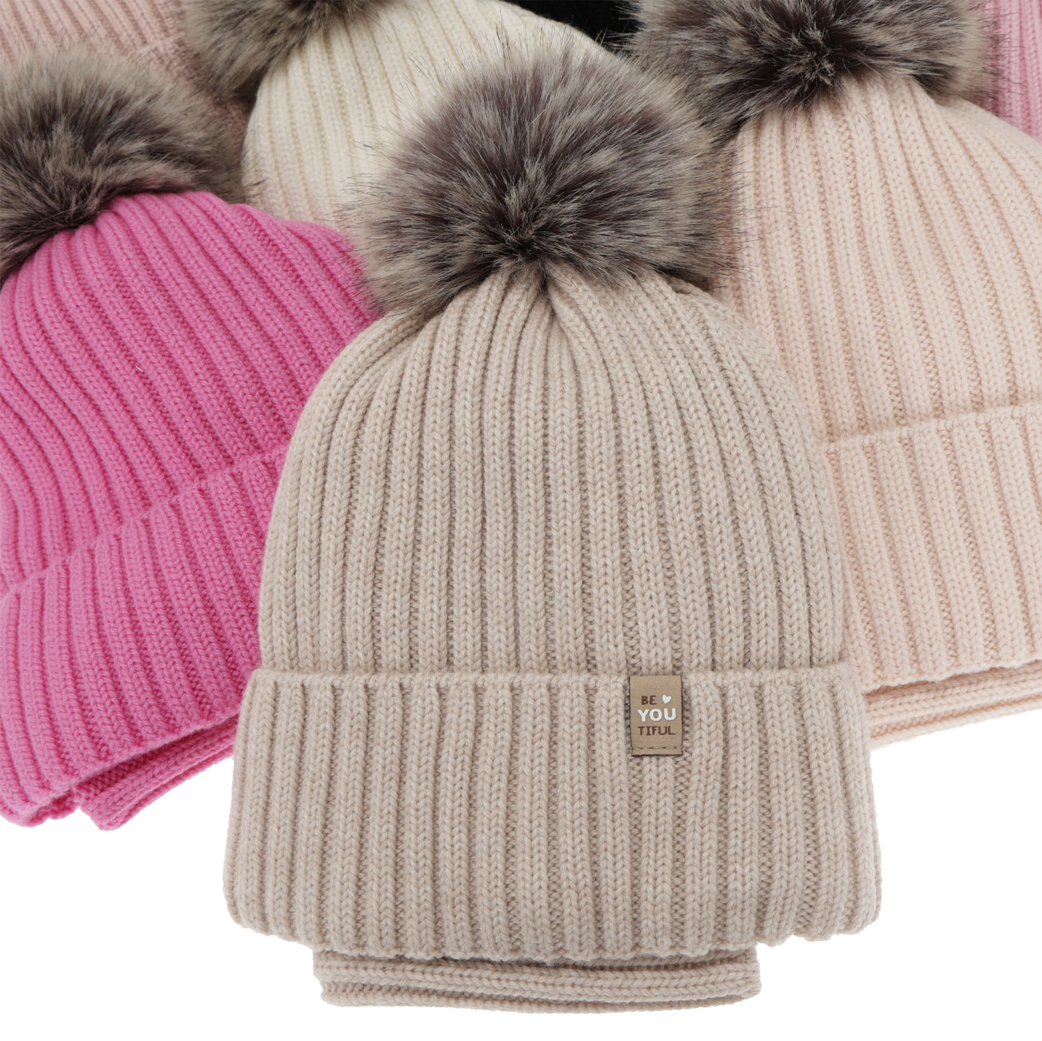 Set de iarnă pentru fete: căciulă și fular circular, 100% lână merino, căptușit cu bumbac, cu pompon, mov, Terida