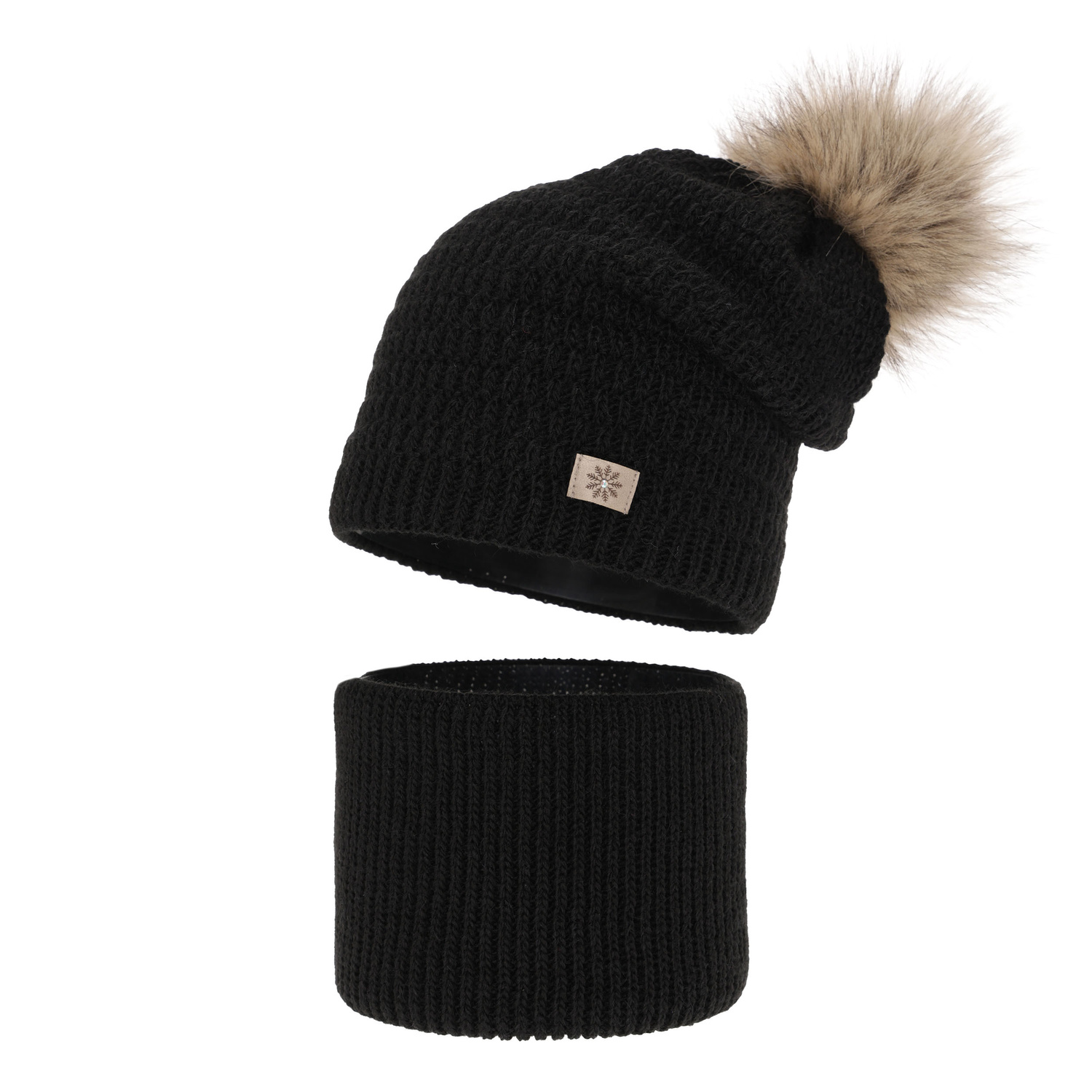 Set de iarnă pentru fete: căciulă și fular circular negru cu pompon Germina