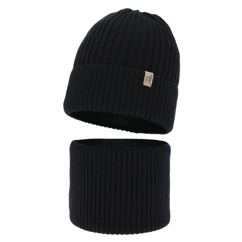 Set de iarnă pentru fete: căciulă și fular circular, negru, 100% lână merino, Patricia
