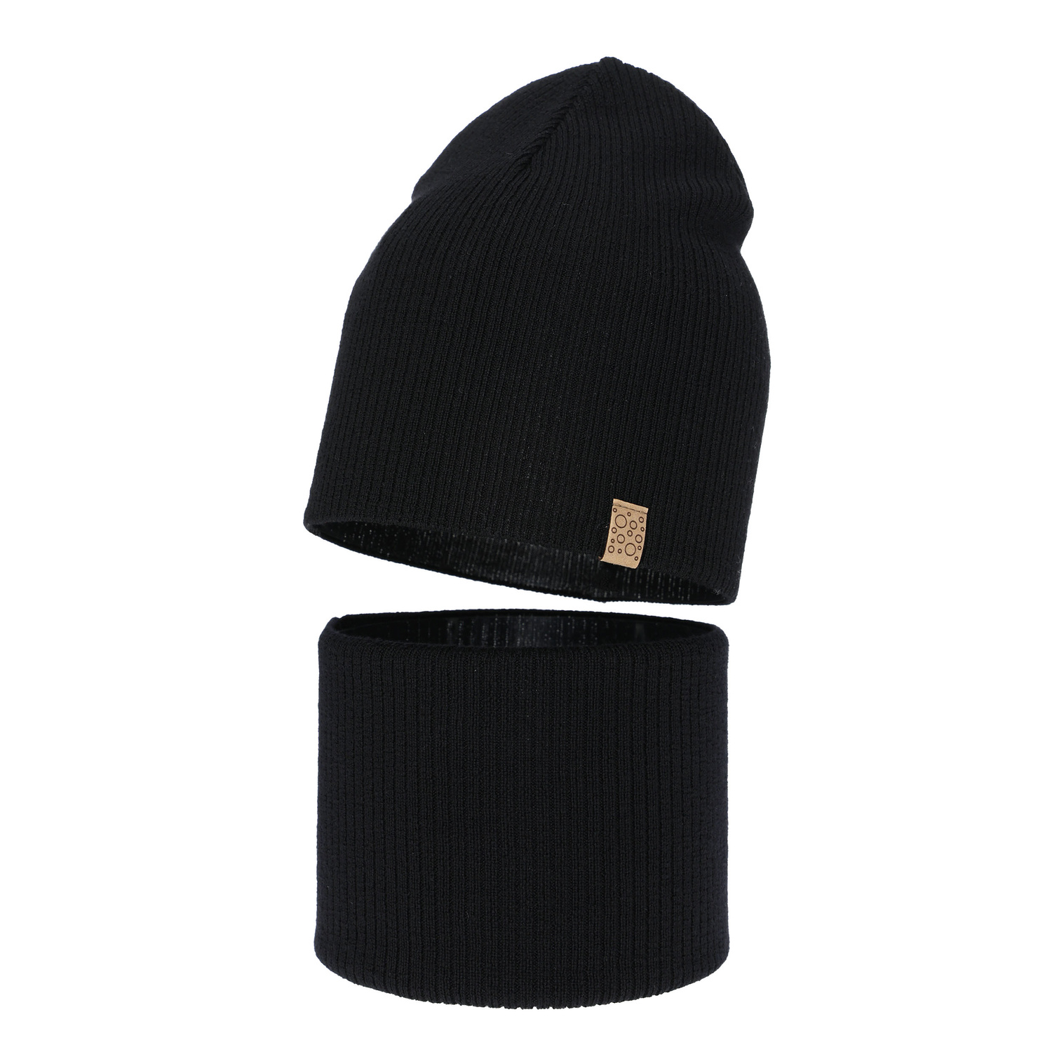 Set de primăvară-toamnă pentru fete: căciulă și fular circular negru 100% lână merino extra fină Ricona