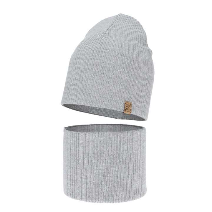 Set de primăvară-toamnă pentru fete: căciulă și fular circular gri 100% lână merino extra fină Ricona