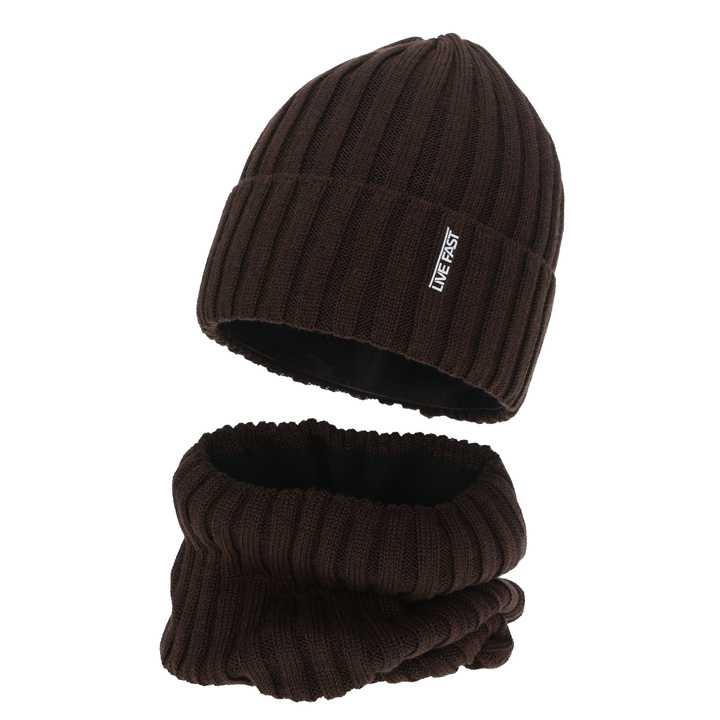 Set de iarnă pentru băieți: căciulă și fular circular, maro, cu lână merino, căptușit cu polar, Banasko