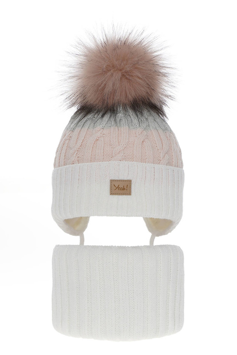 Set de iarnă pentru fete: căciulă și fular circular ecru cu pompon Riviera