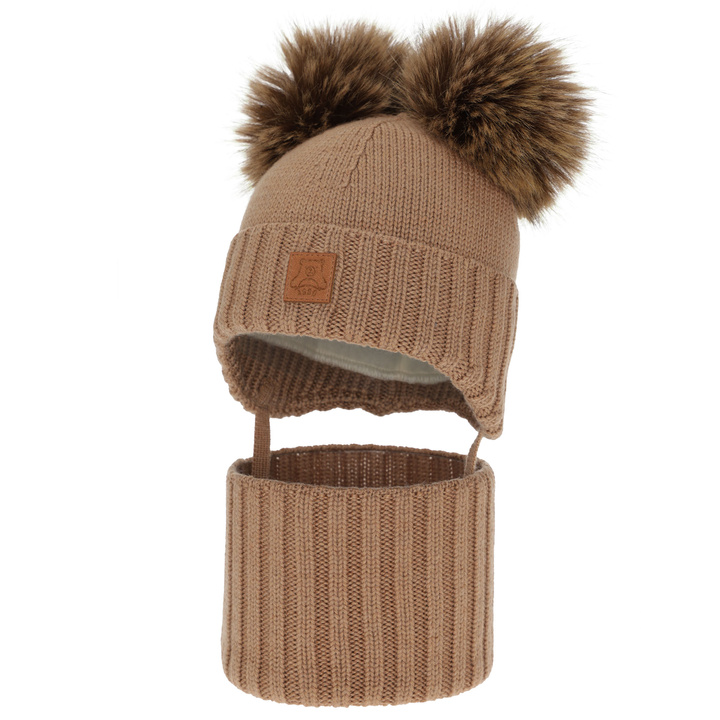 Set căciulă și fular pentru băieți, iarnă, camel, 100% lână merino, căptușit cu fleece de lână, Roni