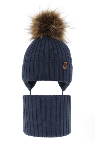 Set de iarnă pentru băieți: Căciulă și fular circular albastru din 100% lână merino extra fină Juno