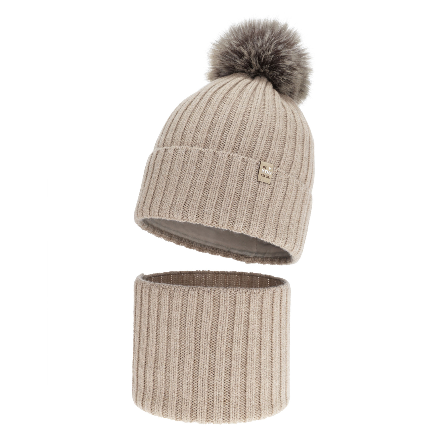 Set de iarnă pentru fete: căciulă și fular circular, beżowy, 100% lână merino, căptușit cu bumbac, cu pompon, Terida