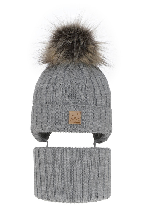 Set de iarnă pentru fete: căciulă și fular circular gri cu pompon Aida