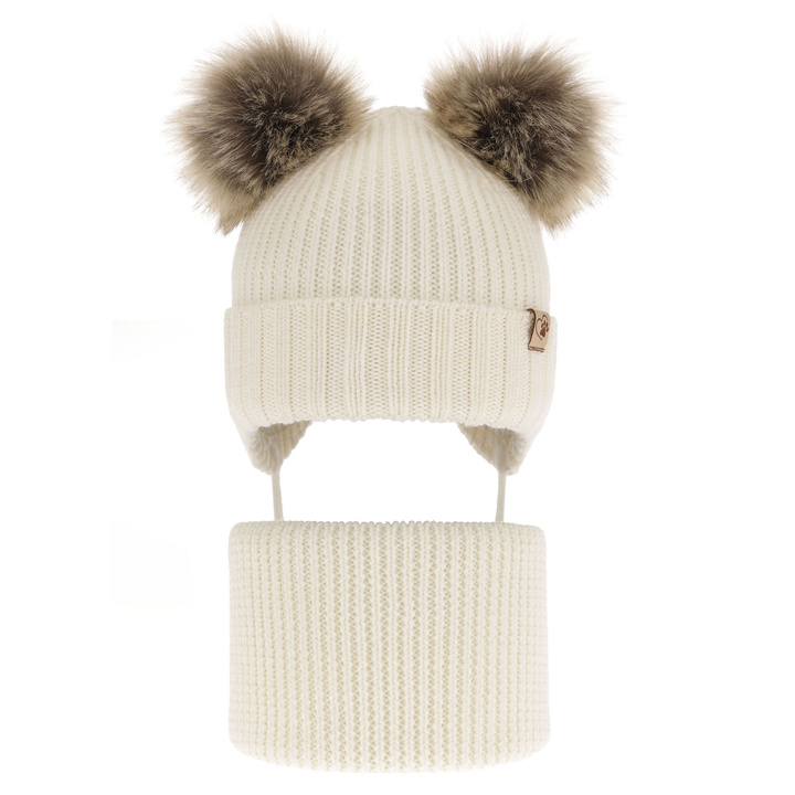 Set de iarnă pentru fete: căciulă și fular circular ecru, 100% lână merino extra fină Silvia