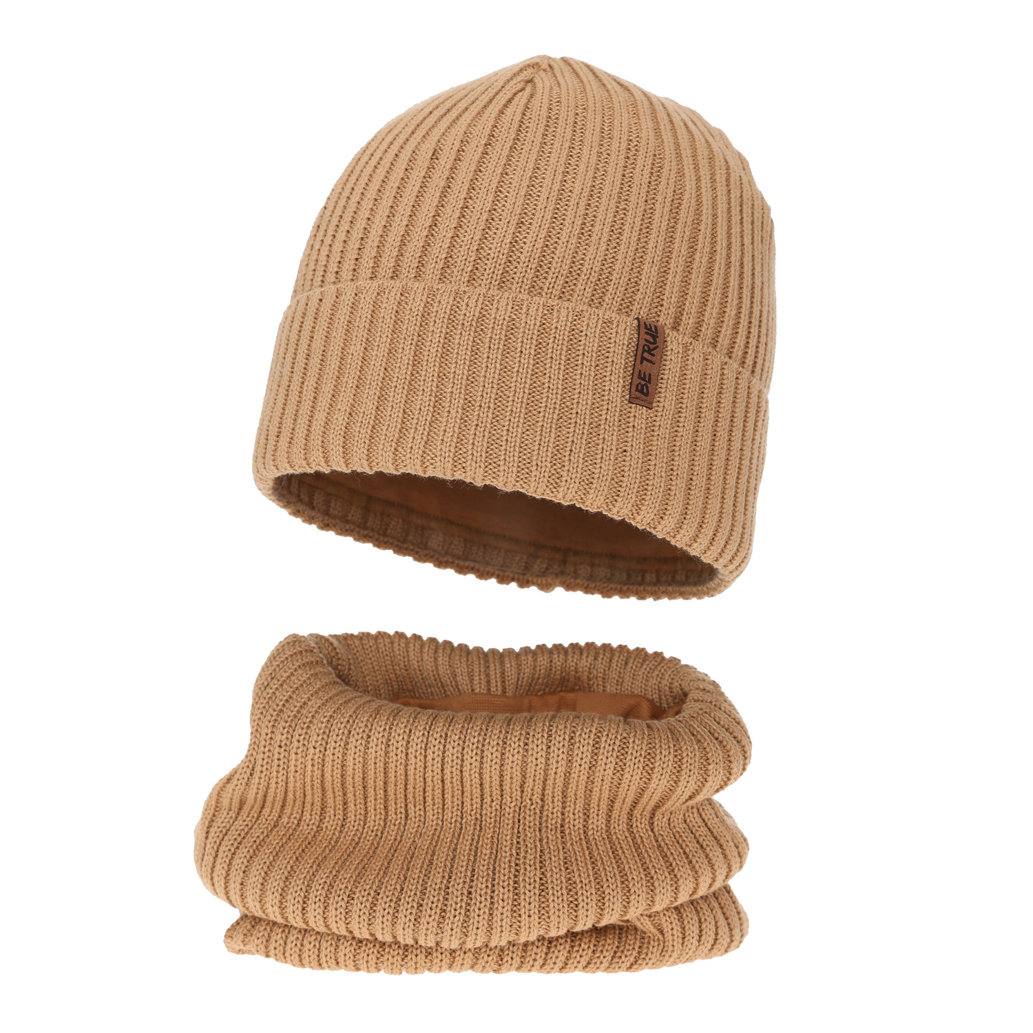 Căciulă și fular circular pentru băieți de iarnă, camel, căptușit cu polar, cu lână merino, Colton