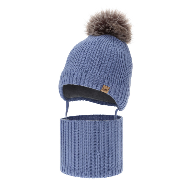 Set căciulă și fular pentru băieți, iarnă, albastru, 100% lână merino, căptușit cu fleece de lână, cu șnururi Danny