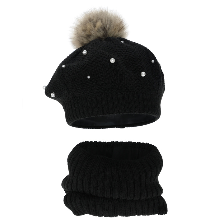 Beret și fular circular pentru fete, de iarnă, căptușit cu polar, culoarea cremă, cu pompon, Jeanette