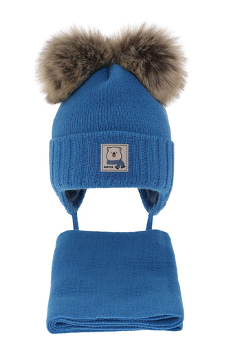 Set de iarnă pentru băieți: Căciulă și fular albastru cu 2 pompoane Jewel