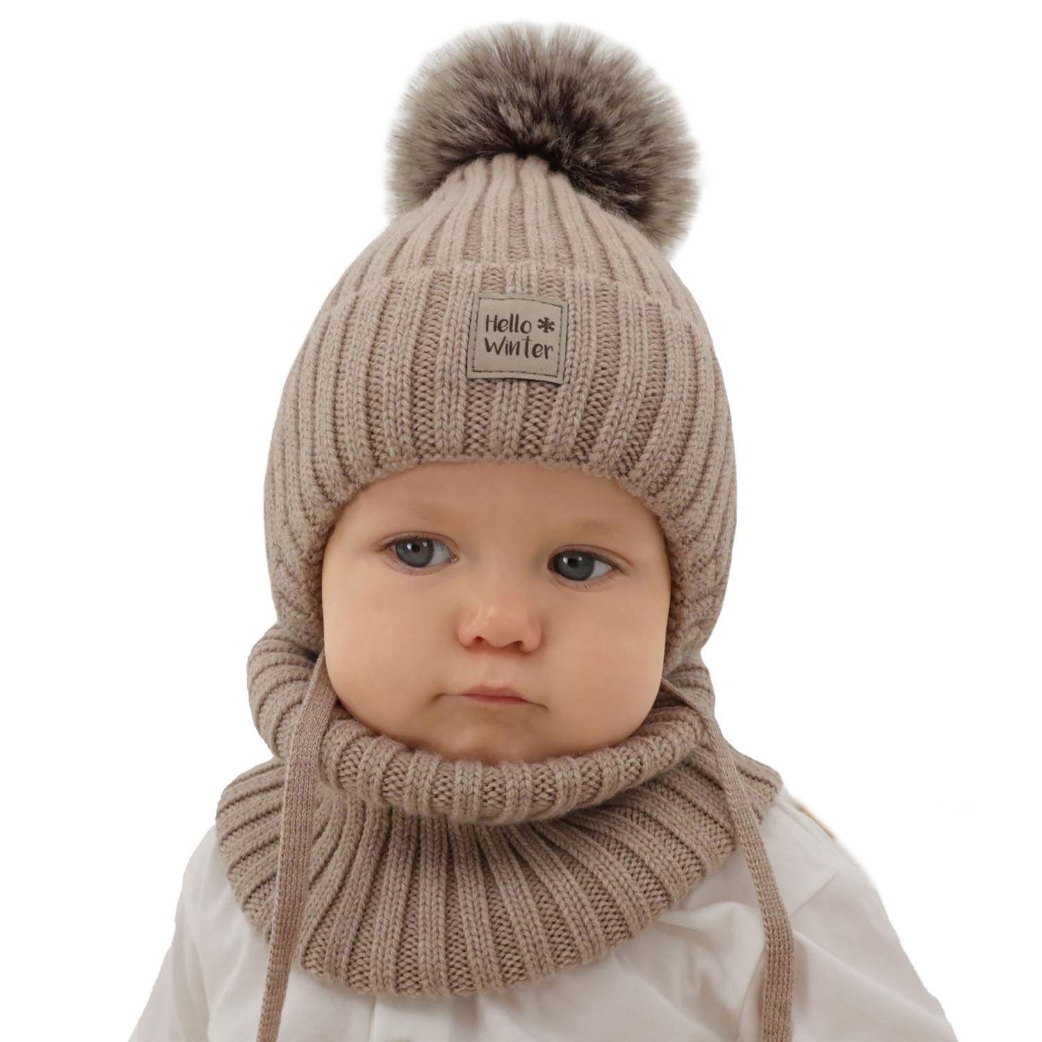 Set de iarnă pentru băieți: Căciulă și fular circular bej din 100% lână merino extra fină, căptușită cu polar din lână Morti