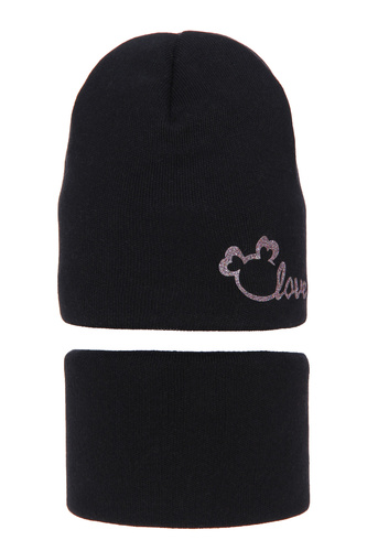 Set de iarnă pentru fete: căciulă și fular circular, cu bumbac, negru Darla