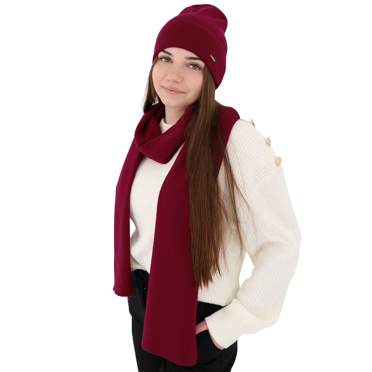 Set de primăvară- iarnă pentru femei: căciulă și eșarfă vișiniu 100% lână merino extra fină Melpomena