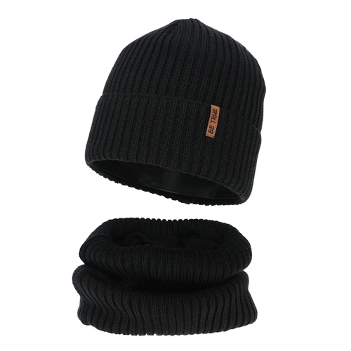 Căciulă și fular circular pentru băieți de iarnă, negru, căptușit cu polar, cu lână merino, Colton