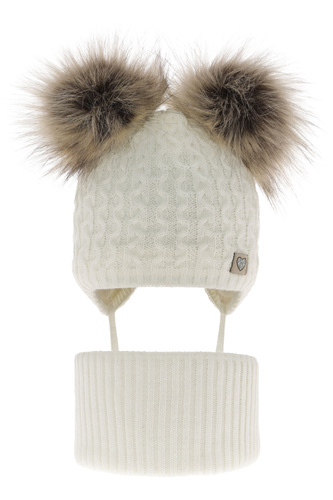 Set de iarnă pentru fete: căciulă și fular circular ecru cu 2 pompoane Poliana