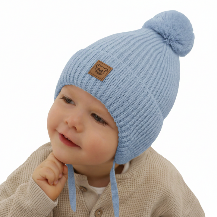 Căciulă de iarnă bleu pentru băieți din 100% lână merino extra fină, căptușită cu polar din lână Tofik
