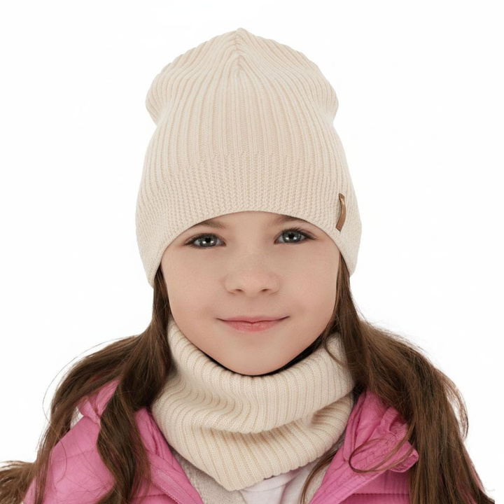 Set de primăvară-toamnă pentru fete: căciulă și fular circular roz 100% lână merino extra fină Chelsie