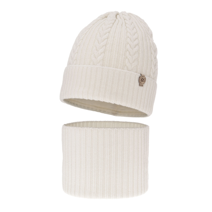 Set de iarnă pentru fete: căciulă și fular circular alb, 100% lână merino extra fină Jenny