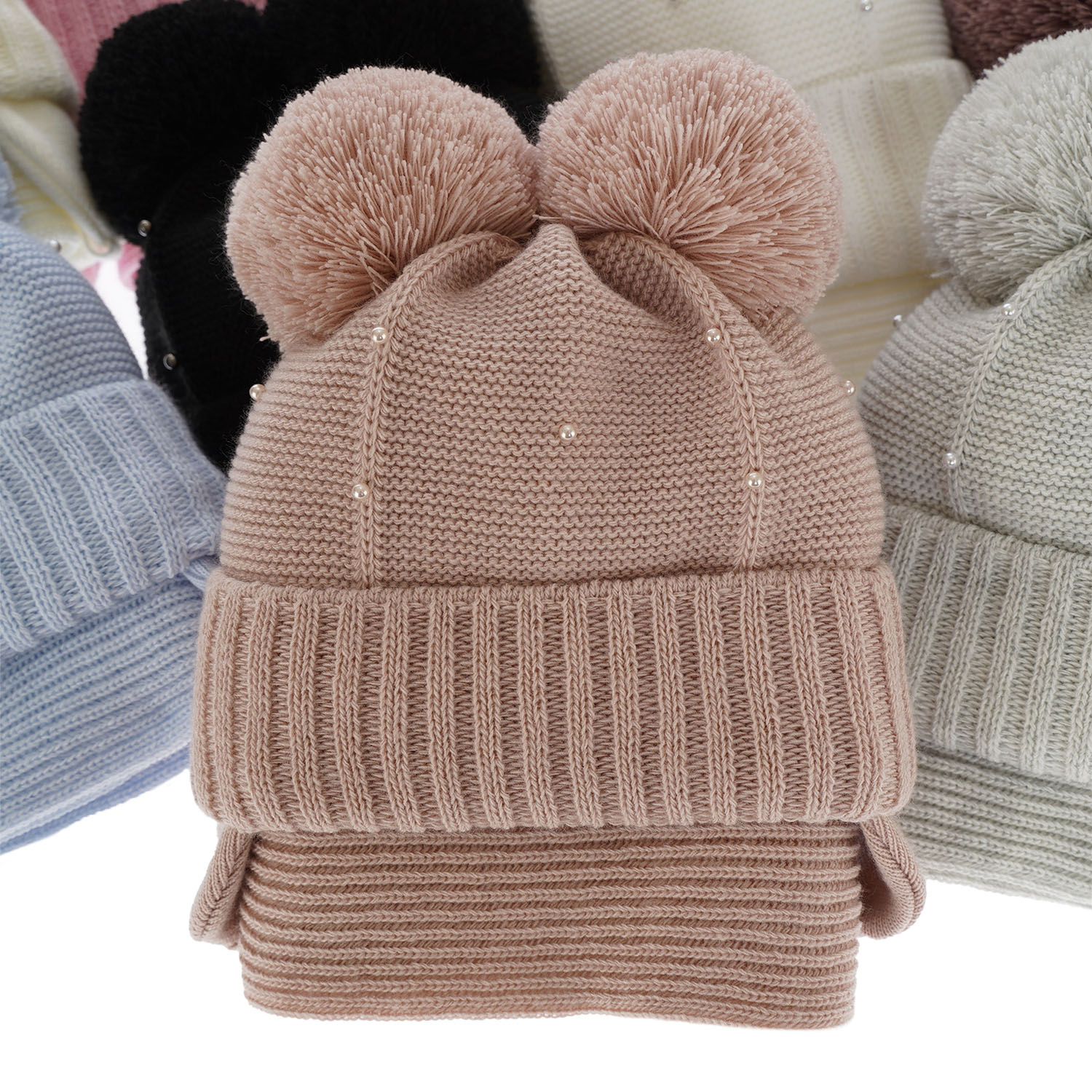 Set de iarnă pentru fete: căciulă și fular bleu cu 2 pompoane Fibien