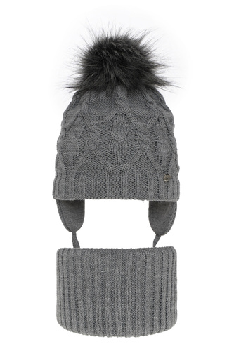 Set de iarnă pentru fete: căciulă și fular circular gri cu pompon Elena