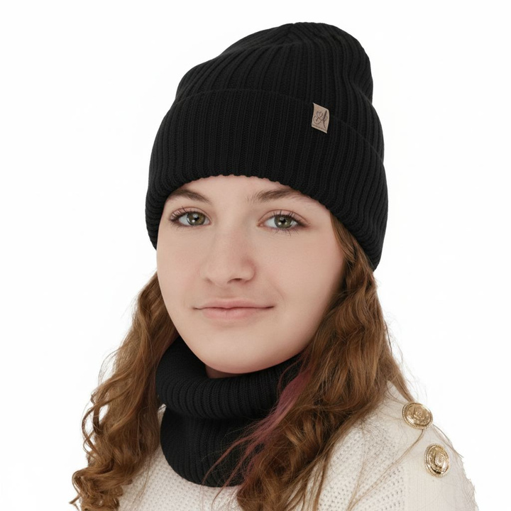 Set de iarnă pentru fete: căciulă și fular circular, negru, 100% lână merino, Patricia