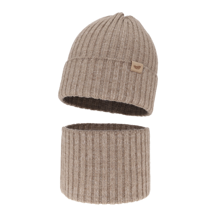 Set de iarnă pentru fete căciulă și fular circular bej din lână merino Karmina