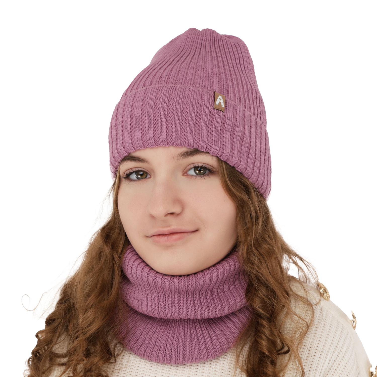 Set de iarnă pentru fete: căciulă și fular circular violet din lână merino Peggy