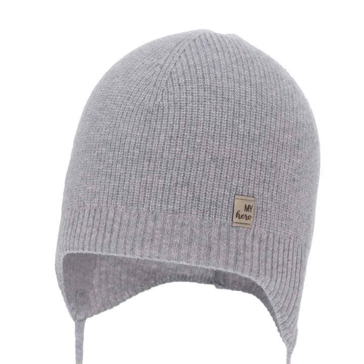 Căciulă de primăvară-toamnă pentru băieți, gri, lână merino cu cașmir, cu urechi, Tono