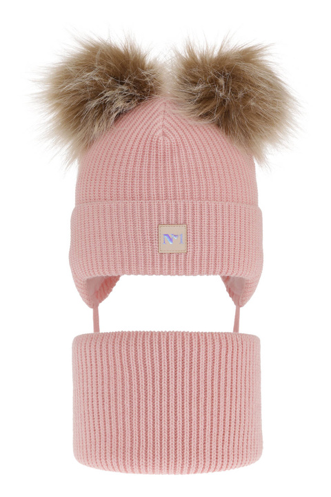 Set de iarnă pentru fete: căciulă și fular circular roz cu 2 pompoane Kiara