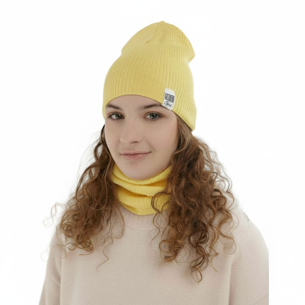 Set de primăvară-toamnă pentru fete: căciulă și fular circular, cu bumbac, galben Farinka