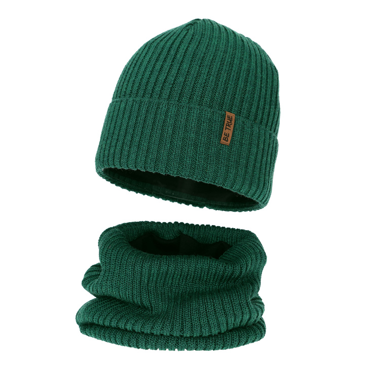 Set de iarnă pentru băieți: Căciulă și fular circular, verde, căptușit cu blană polară, cu lână merino, Colton