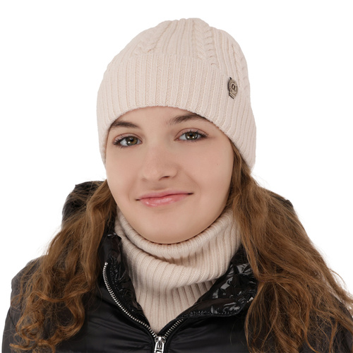 Set de iarnă pentru fete: căciulă și fular circular ecru, 100% lână merino extra fină Jenny