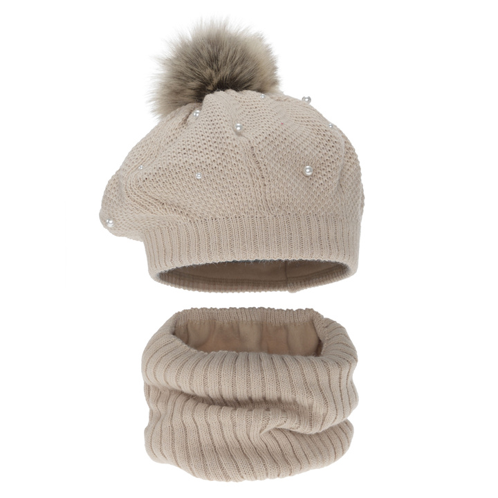 Set de iarnă pentru fete: beret și fular circular, căptușit cu fleece, bej, cu pompon, Jeanette