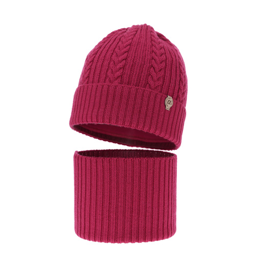 Set de iarnă pentru fete: căciulă și fular circular purpuriu, 100% lână merino extra fină Jenny