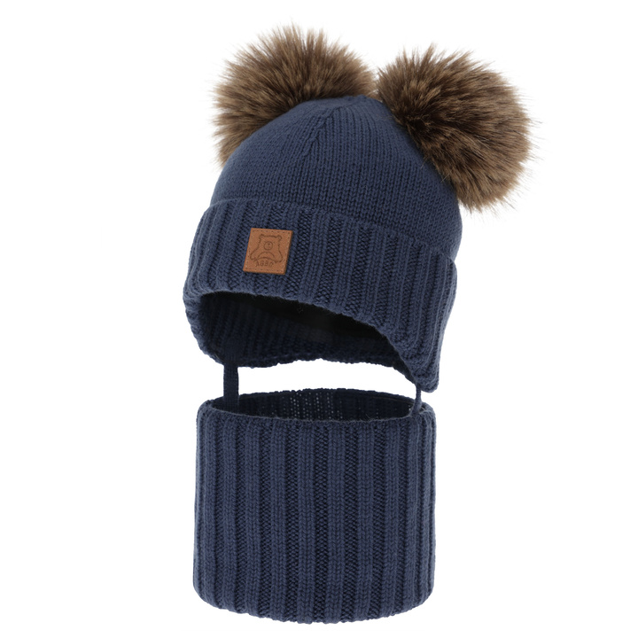 Set căciulă și fular pentru băieți, iarnă, albastru închis, 100% lână merino, căptușit cu fleece de lână, Ronik