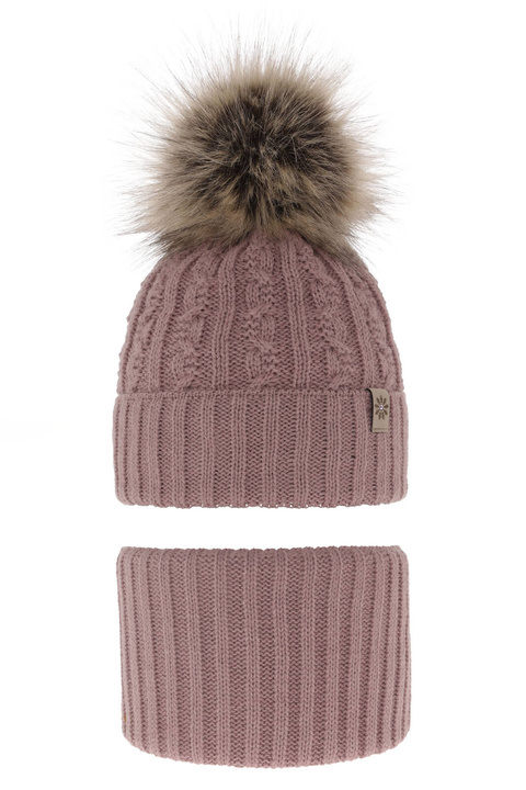 Set de iarnă pentru fete: căciulă și fular circular roz cu pompon Pretoria
