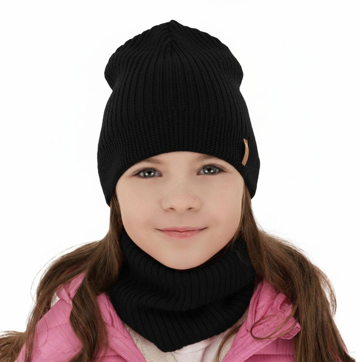 Set de primăvară-toamnă pentru fete: căciulă și fular circular negru 100% lână merino extra fină Chelsie