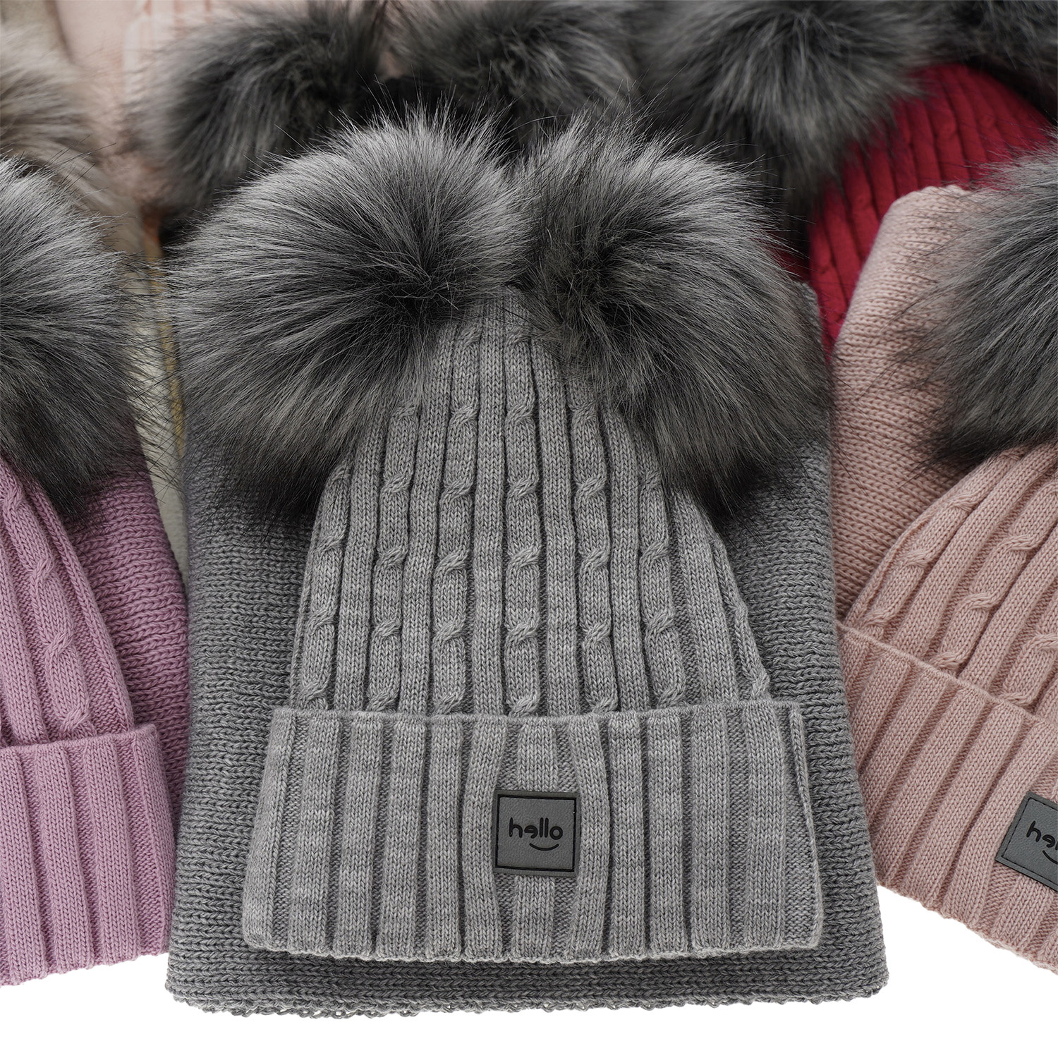 Set de iarnă pentru fete: căciulă și fular gri cu 2 pompoane Zenda