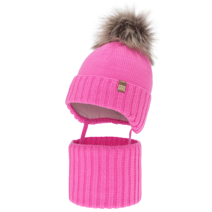Set de iarnă pentru fete: căciulă și fular circular, roz, cu pompon, Primula