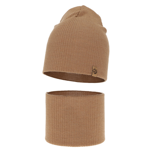 Set primăvară-toamnă pentru băieți: Căciulă și fular circular camel 100% lână merino extra fină Richi