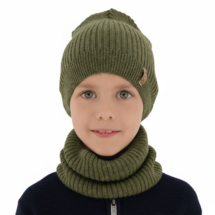 Set primăvară-toamnă pentru băieți: Căciulă și fular circular kaki 100% lână merino extra fină Chester