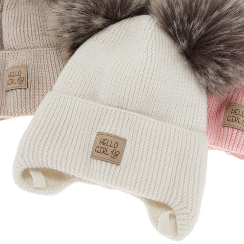 Căciulă de iarnă pentru fete, cremă, 100% lână merino, căptușit cu bumbac, cu urechi, Trudina