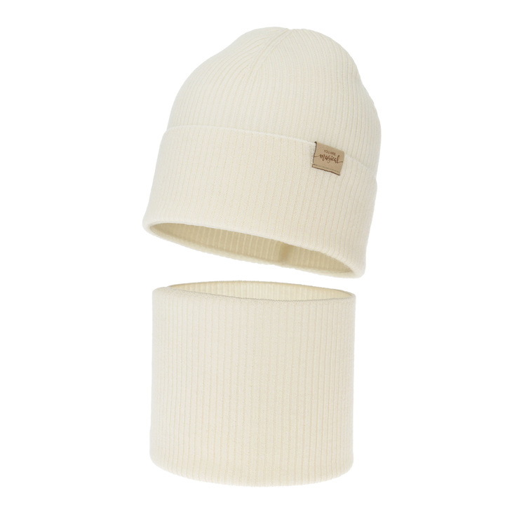 Set de primăvară-toamnă pentru fete: căciulă și fular circular, cremă, 100% lână merino, Magenta